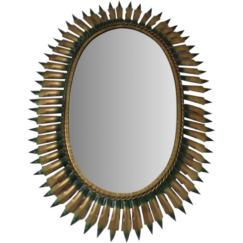 Vintage gold and green metal oval sun mirror 1960