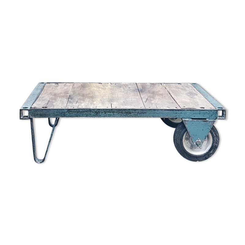 Table basse vintage industrielle bleue métal et bois, 1950