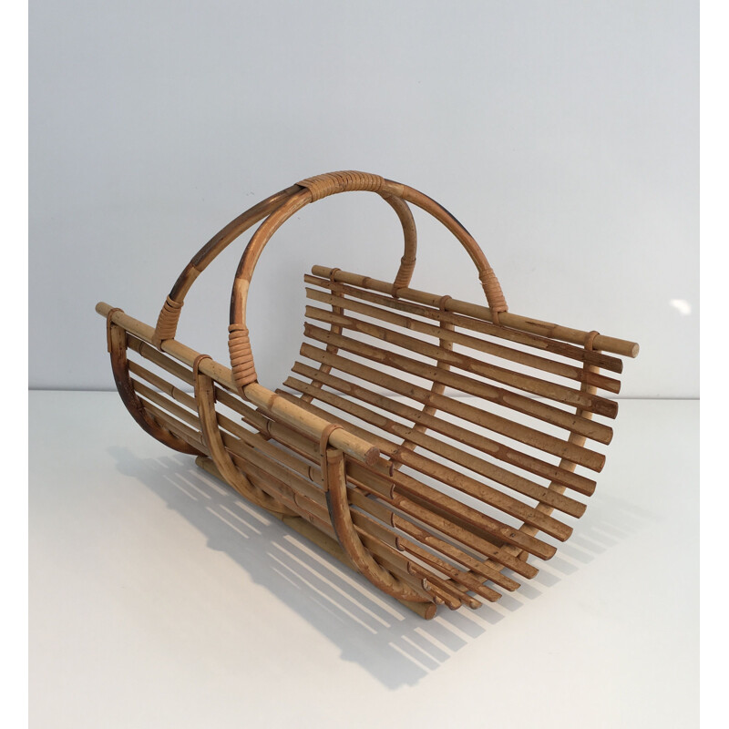 Vintage rattan firewood holder, 1970