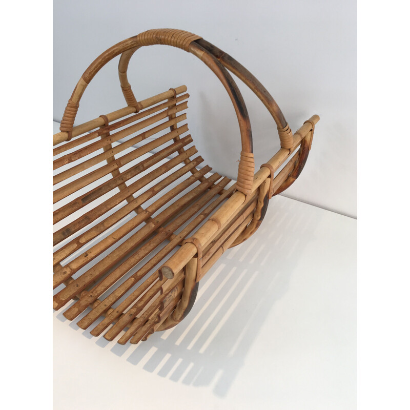 Vintage rattan firewood holder, 1970