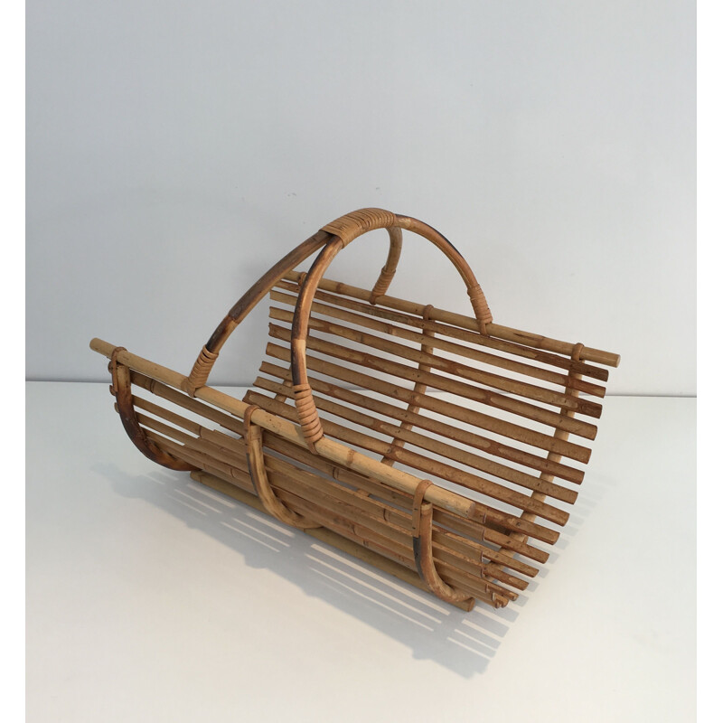 Vintage rattan firewood holder, 1970