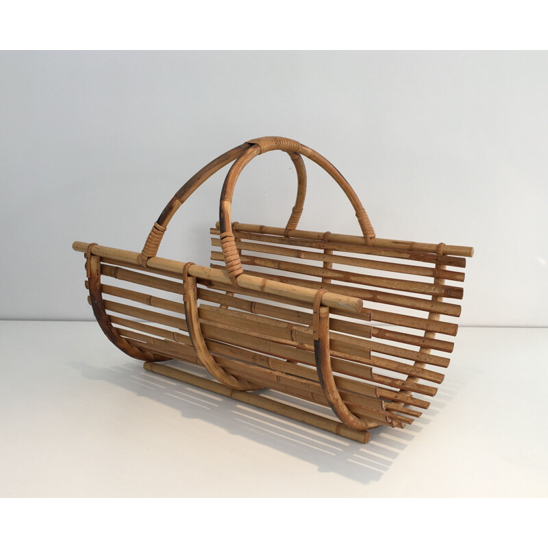 Vintage rattan firewood holder, 1970