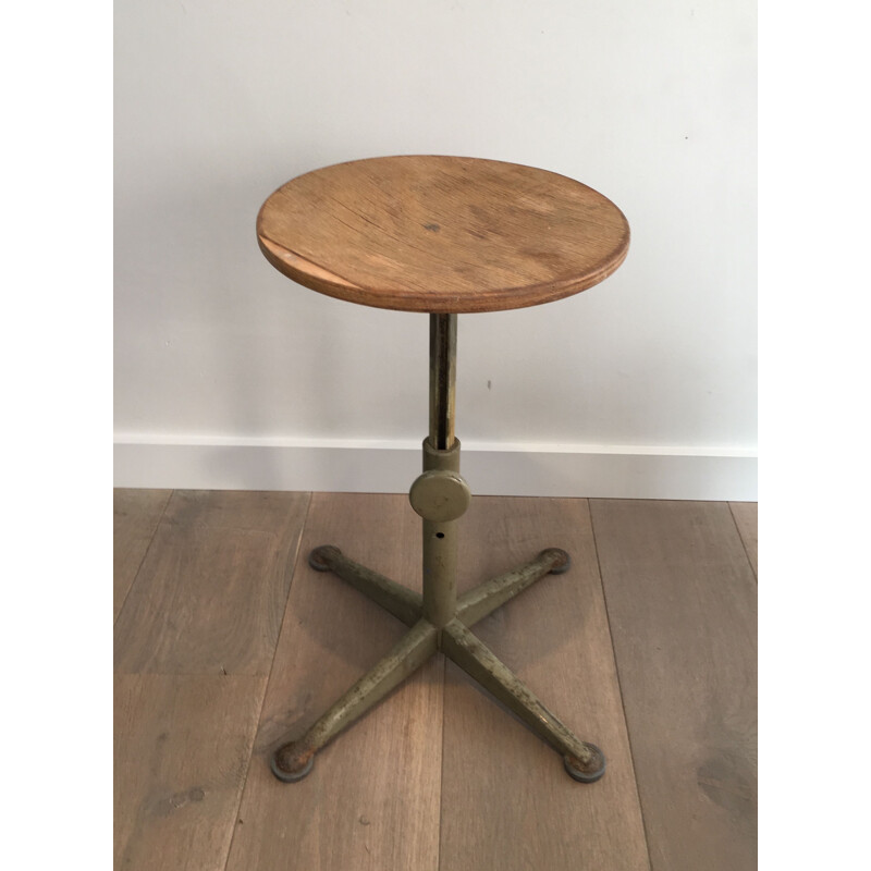 Vintage Industrial Stool in Steel and Wood, Height Adjustable, 1900s