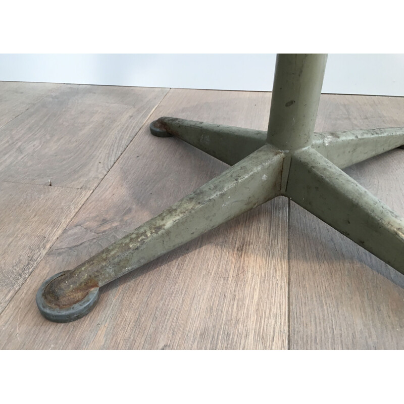 Vintage Industrial Stool in Steel and Wood, Height Adjustable, 1900s