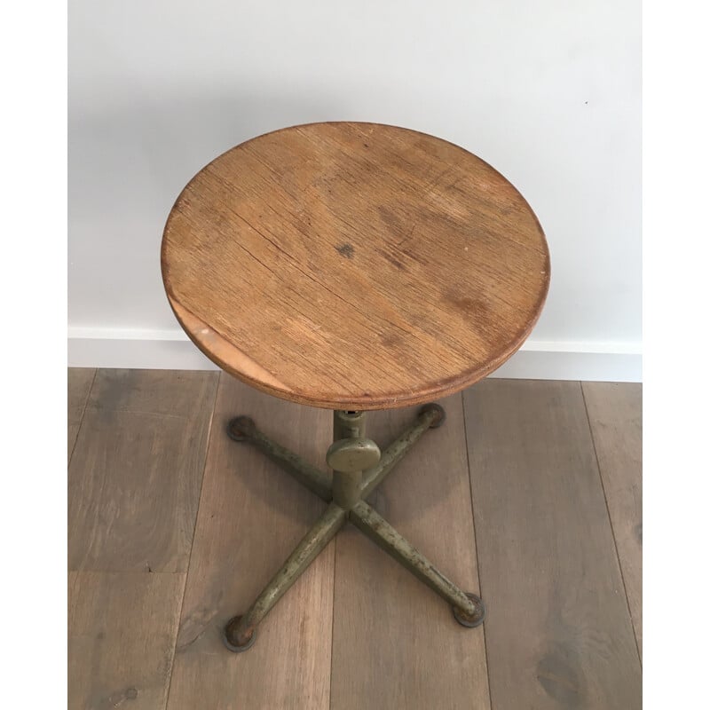 Vintage Industrial Stool in Steel and Wood, Height Adjustable, 1900s