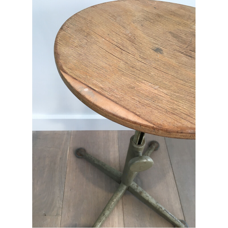 Vintage Industrial Stool in Steel and Wood, Height Adjustable, 1900s