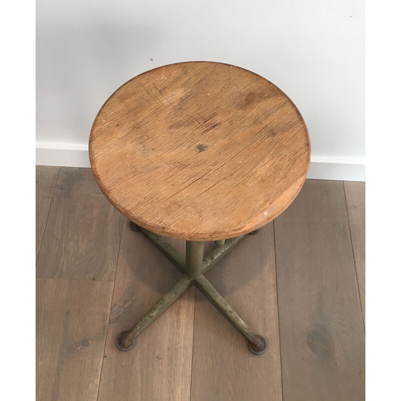 Vintage Industrial Stool in Steel and Wood, Height Adjustable, 1900s