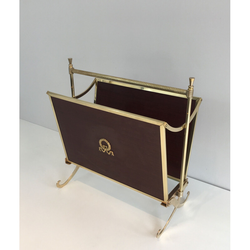 Vintage brass and neoclassical mahogany magazine rack for the Jansen house, 1940