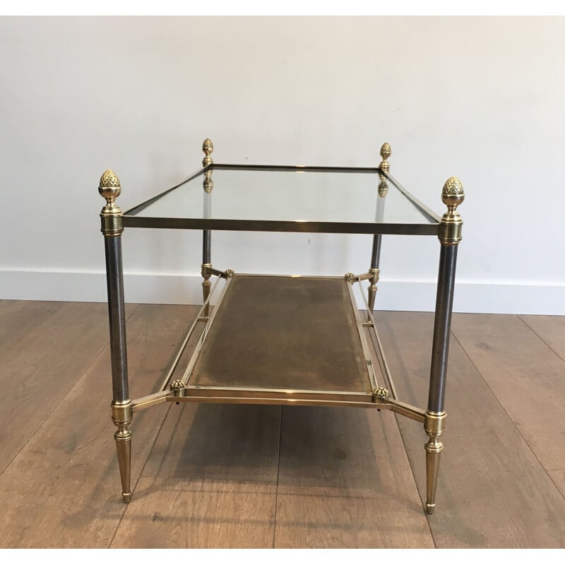 Vintage brass and brushed steel coffee table with leather tops and clear neoclassical glass, 1940
