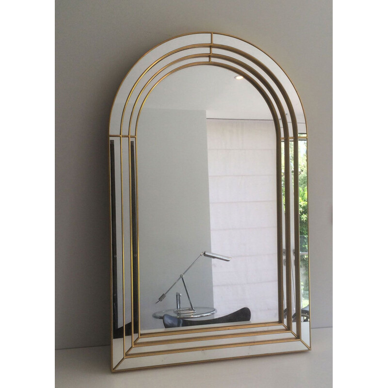 Vintage Large Mirror in Golden Wood, Plexiglass and Mirror, 1970s