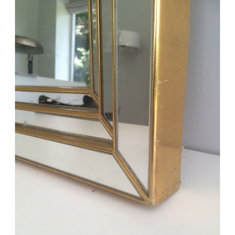 Vintage Large Mirror in Golden Wood, Plexiglass and Mirror, 1970s