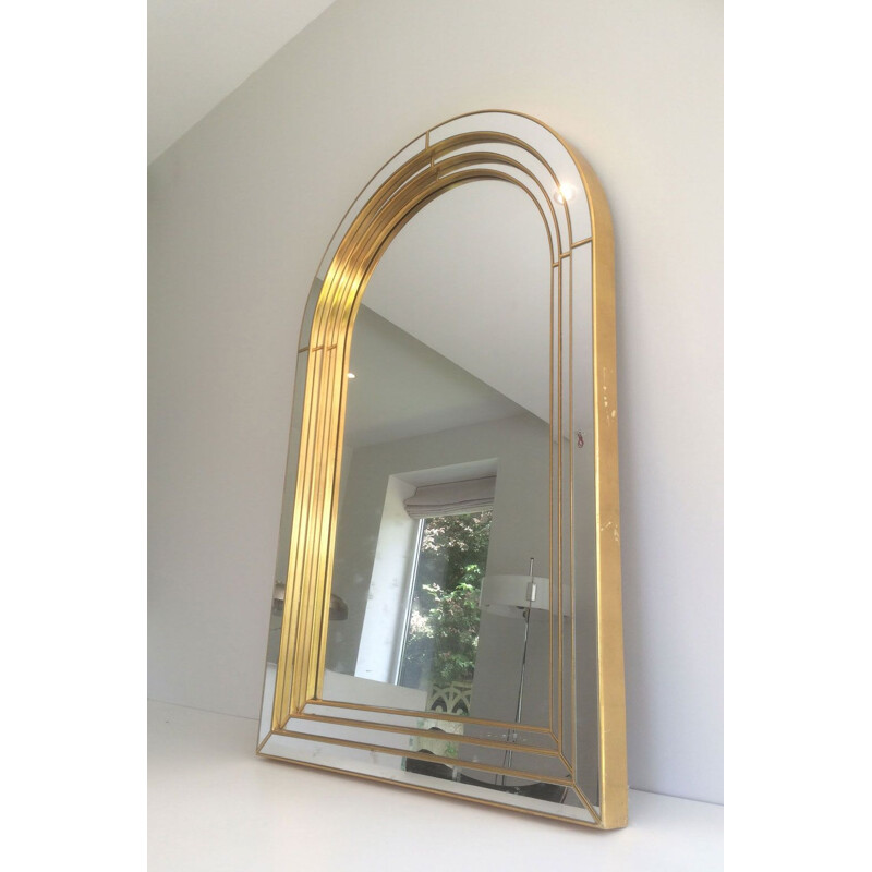 Vintage Large Mirror in Golden Wood, Plexiglass and Mirror, 1970s