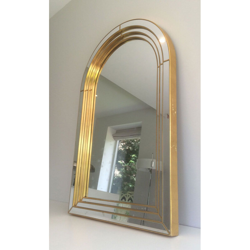 Vintage Large Mirror in Golden Wood, Plexiglass and Mirror, 1970s