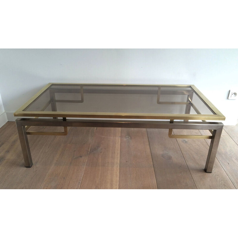 Vintage Brushed Steel and Brass Bass Table, 1970s 