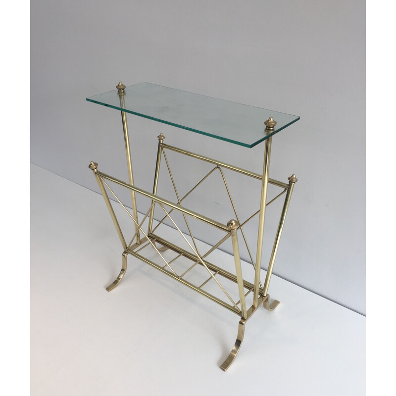 Vintage brass magazine rack and Neoclassical glass shelf, 1940