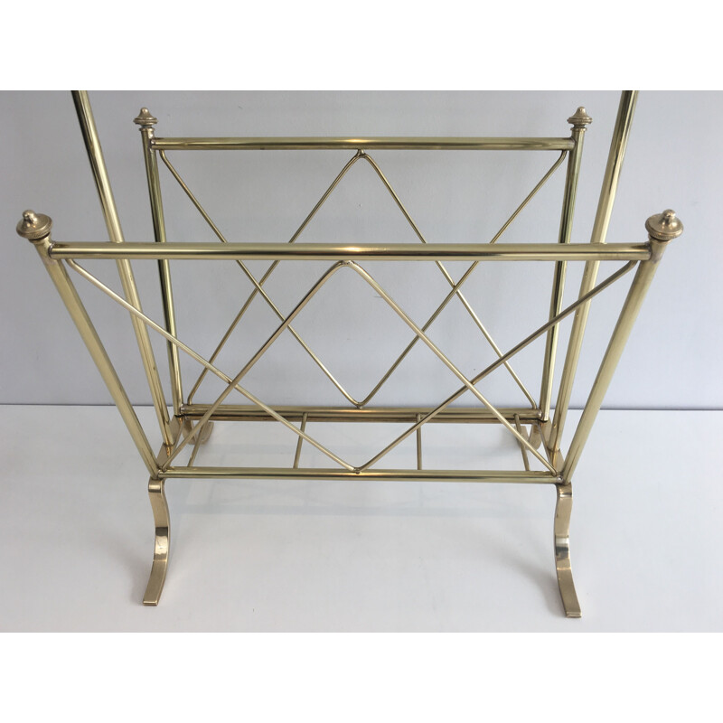 Vintage brass magazine rack and Neoclassical glass shelf, 1940