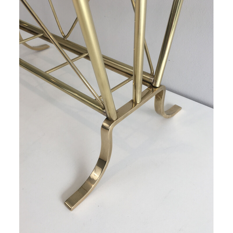 Vintage brass magazine rack and Neoclassical glass shelf, 1940