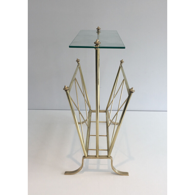 Vintage brass magazine rack and Neoclassical glass shelf, 1940