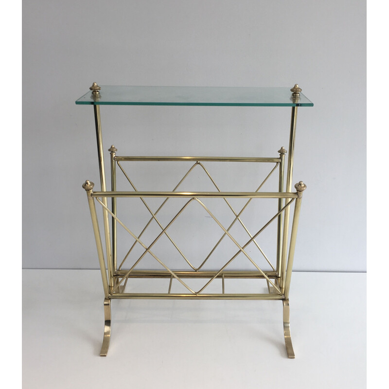 Vintage brass magazine rack and Neoclassical glass shelf, 1940