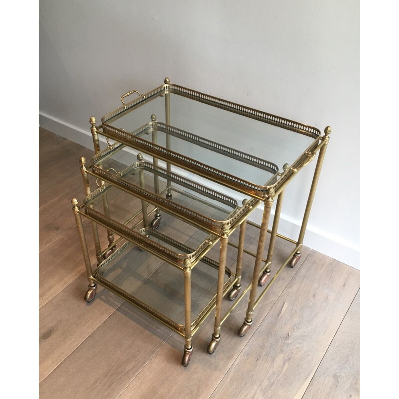 Set of 3 Vintage Brass Nesting Tables with Neoclassical Wheels, 1940