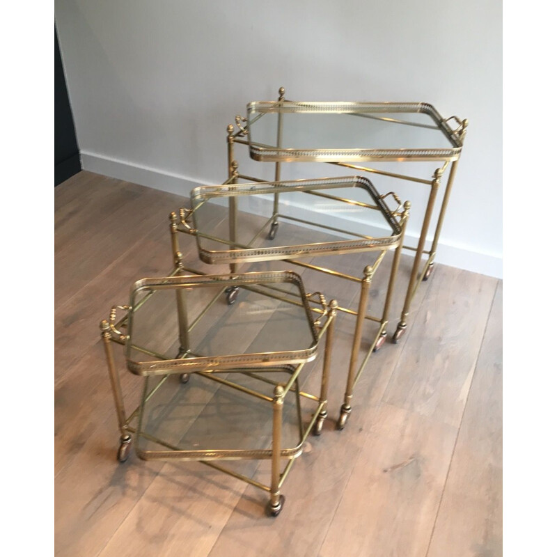 Set of 3 Vintage Brass Nesting Tables with Neoclassical Wheels, 1940