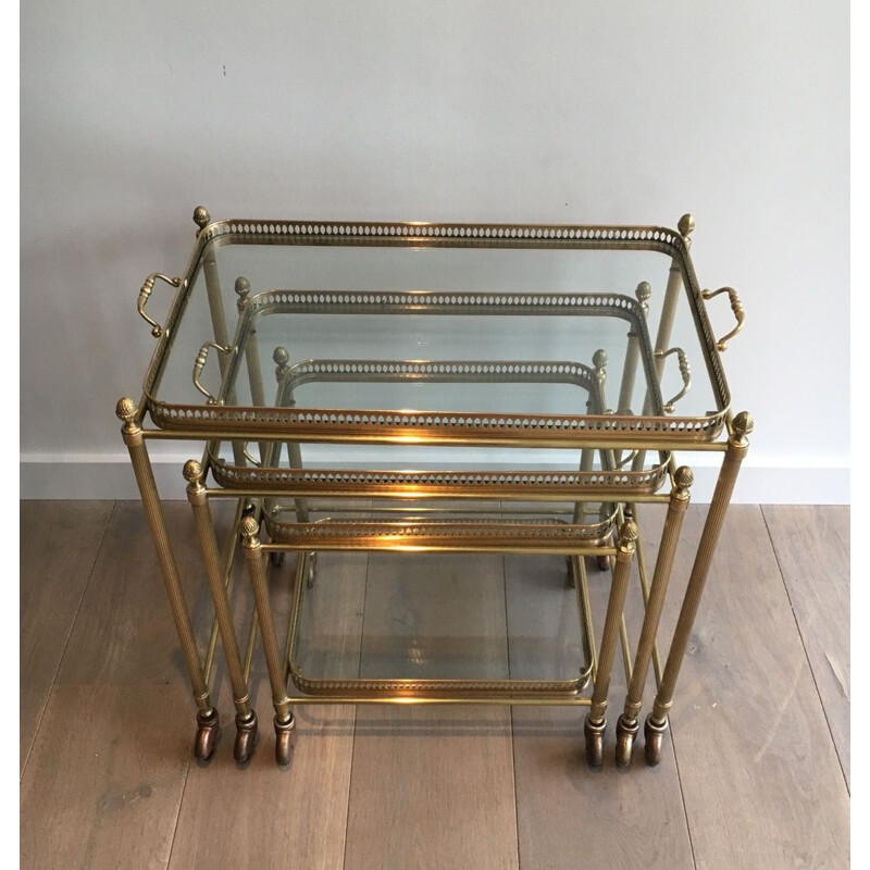 Set of 3 Vintage Brass Nesting Tables with Neoclassical Wheels, 1940