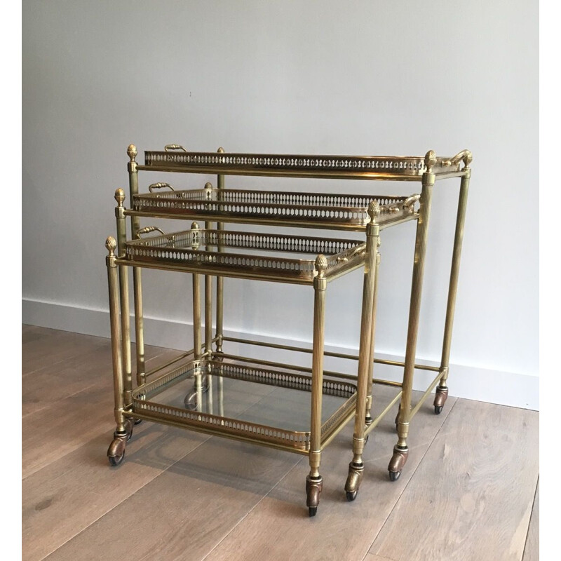 Set of 3 Vintage Brass Nesting Tables with Neoclassical Wheels, 1940