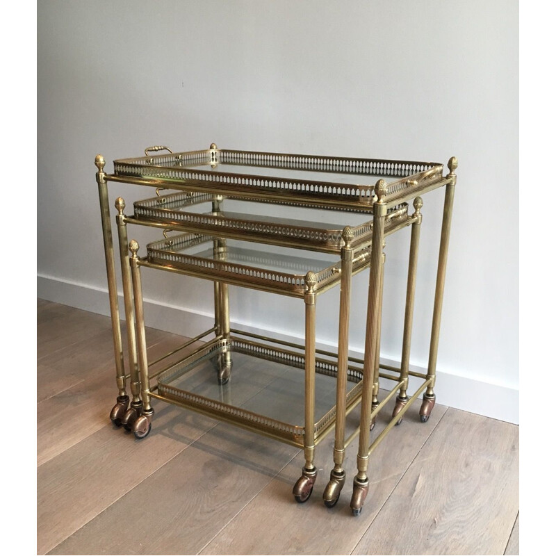 Set of 3 Vintage Brass Nesting Tables with Neoclassical Wheels, 1940