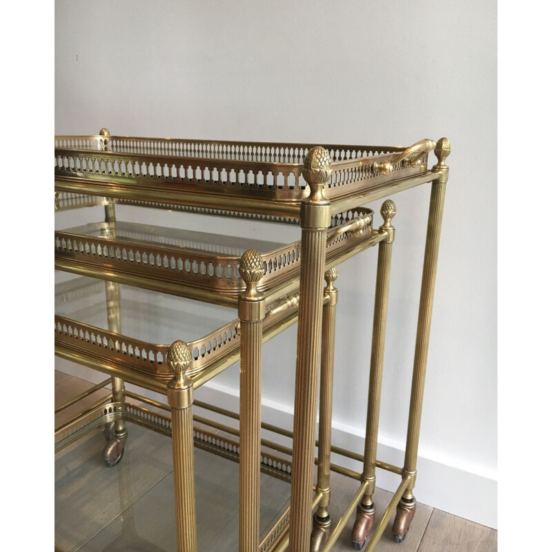 Set of 3 Vintage Brass Nesting Tables with Neoclassical Wheels, 1940