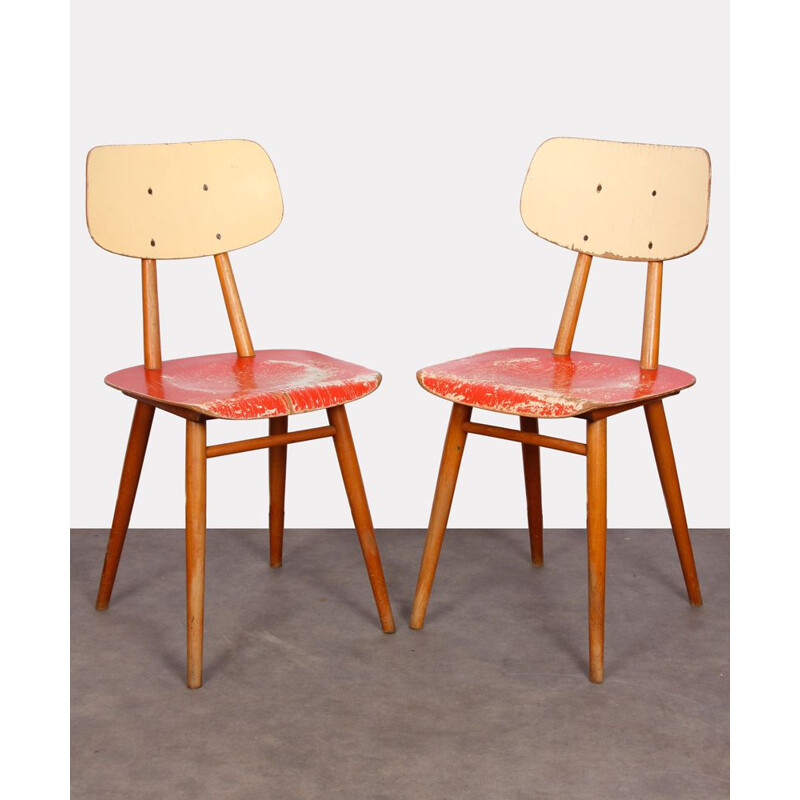 Pair of red vintage chairs for Ton, 1960s