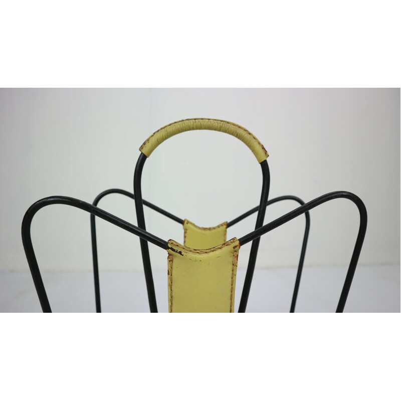 Vintage Yellow Leather and Black Iron Magazine Rack Jacques Adnet  France 1950
