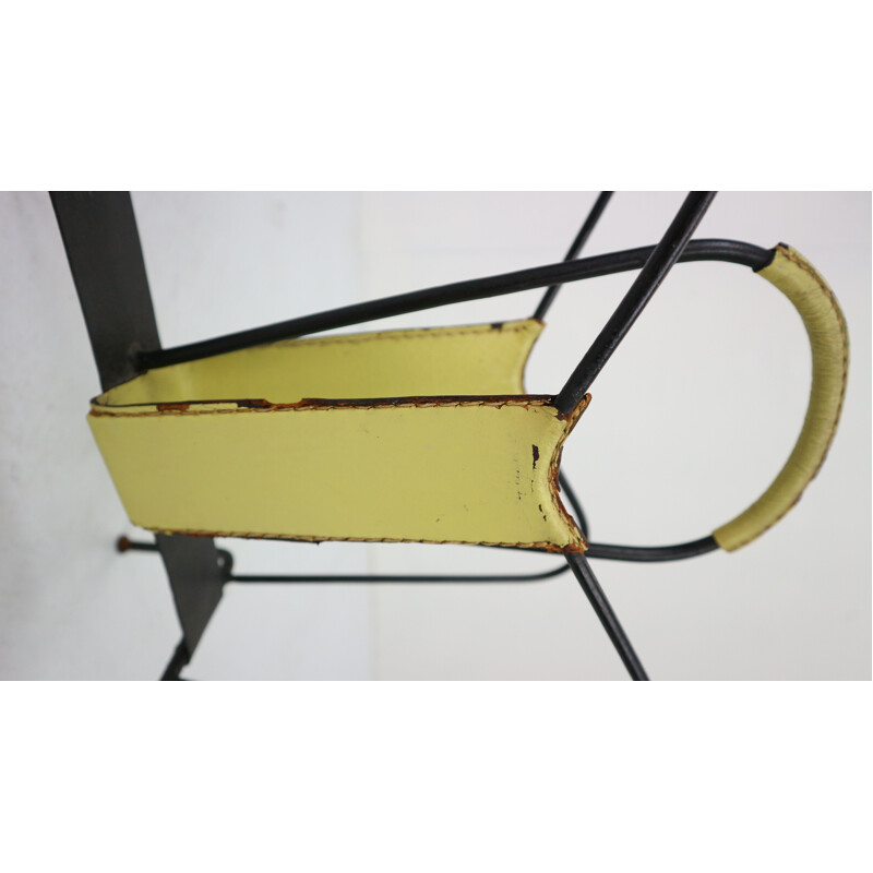 Vintage Yellow Leather and Black Iron Magazine Rack Jacques Adnet  France 1950