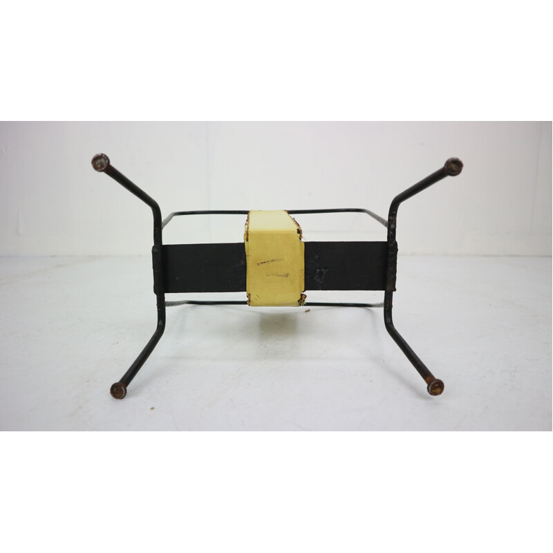 Vintage Yellow Leather and Black Iron Magazine Rack Jacques Adnet  France 1950