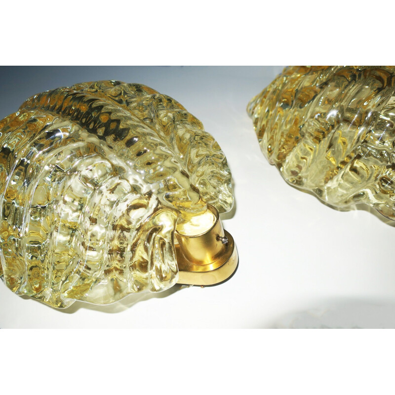 Vintage Pair of  Amber Glass & Brass Conch Sconces Orrefors 1960