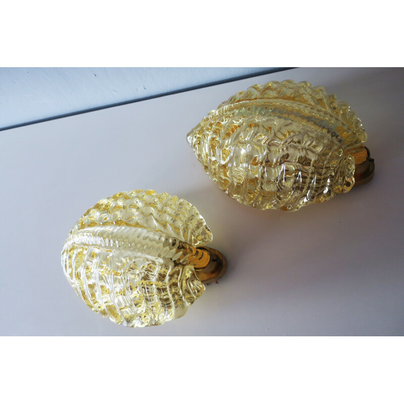 Vintage Pair of  Amber Glass & Brass Conch Sconces Orrefors 1960
