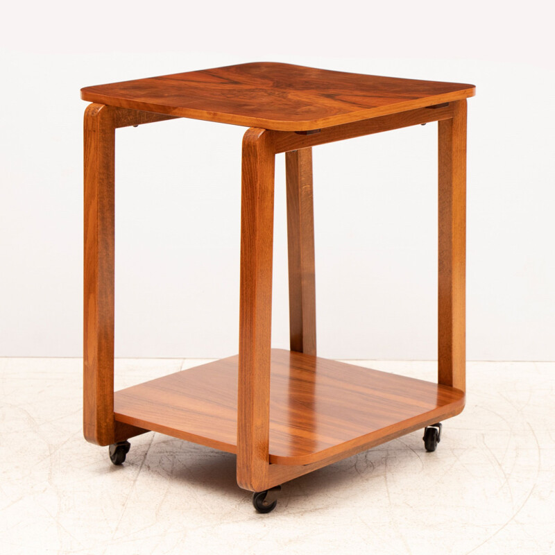 Vintage Figured Walnut 2 Tier cocktail Table on Casters Art Deco