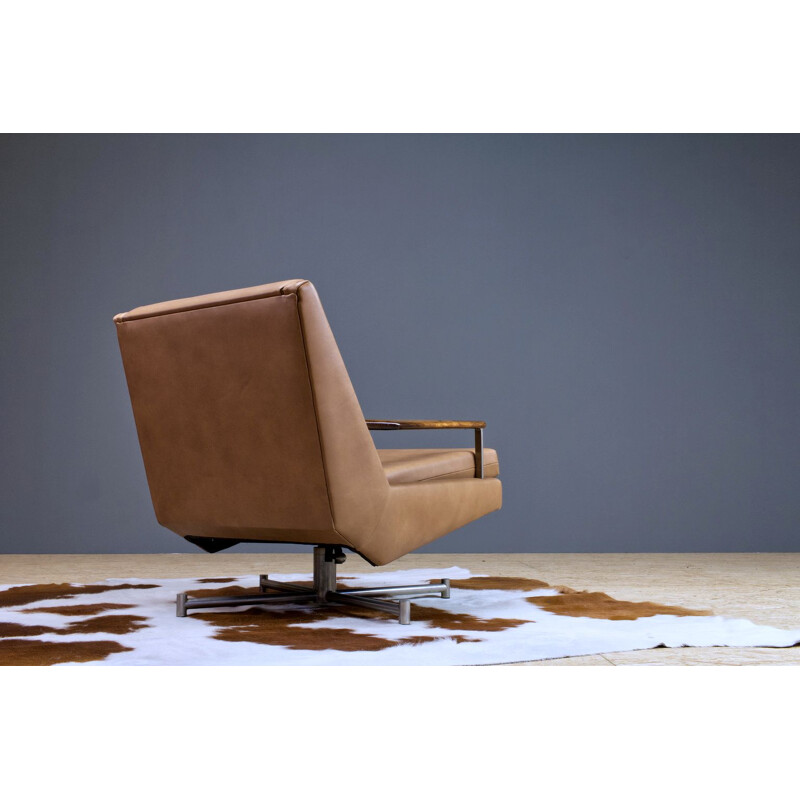 Vintage Leather Swivel Chair by Louis Van Teeffelen in Brown Leather, 1960s