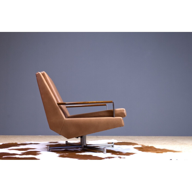 Vintage Leather Swivel Chair by Louis Van Teeffelen in Brown Leather, 1960s