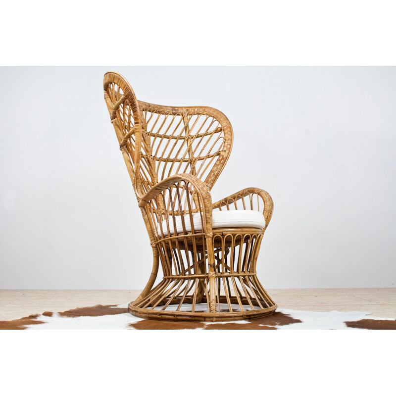 Vintage High Wingback Rattan Armchair with White Felt Cushion by Lio Carminati Italian 1950