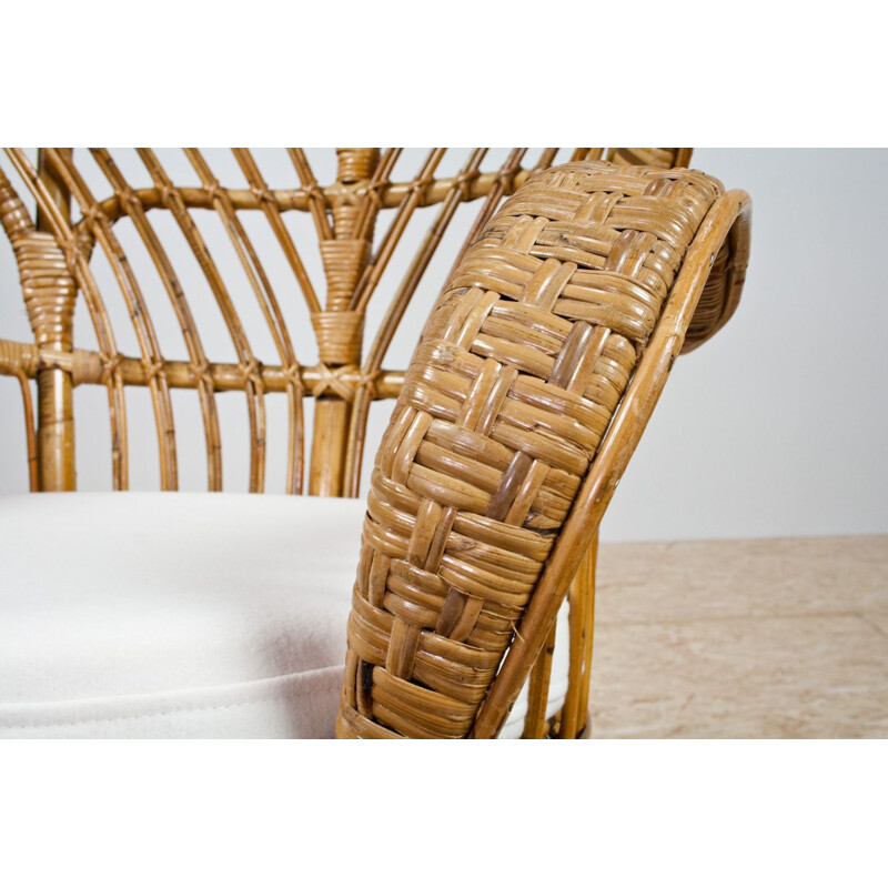 Vintage High Wingback Rattan Armchair with White Felt Cushion by Lio Carminati Italian 1950