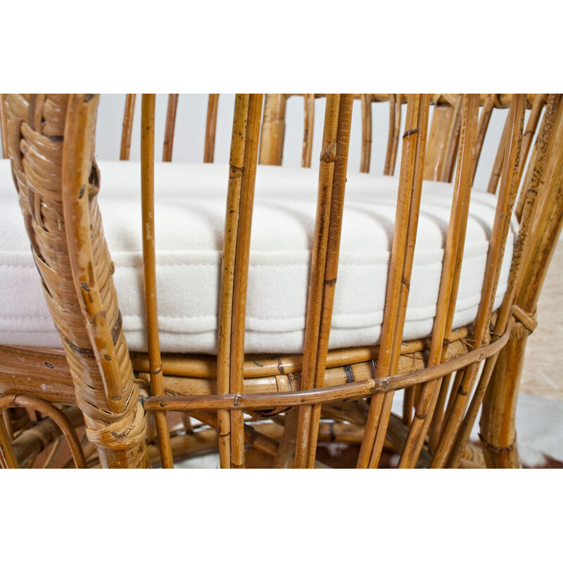 Vintage High Wingback Rattan Armchair with White Felt Cushion by Lio Carminati Italian 1950