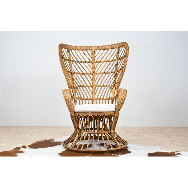 Vintage High Wingback Rattan Armchair with White Felt Cushion by Lio Carminati Italian 1950