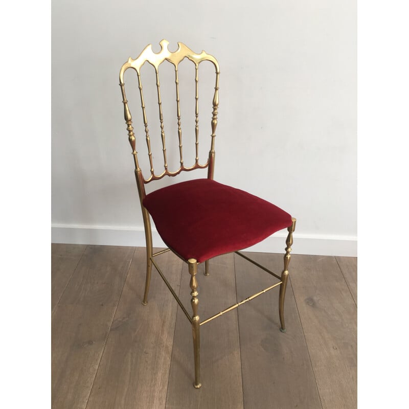 Vintage Chiavari Chair in Brass and Red Fabric 1940