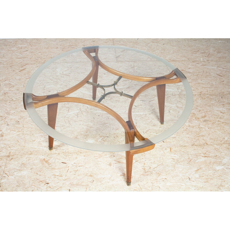 Vintage Round Coffee Table in Glass and Oak by William Watting for Fristho 1955