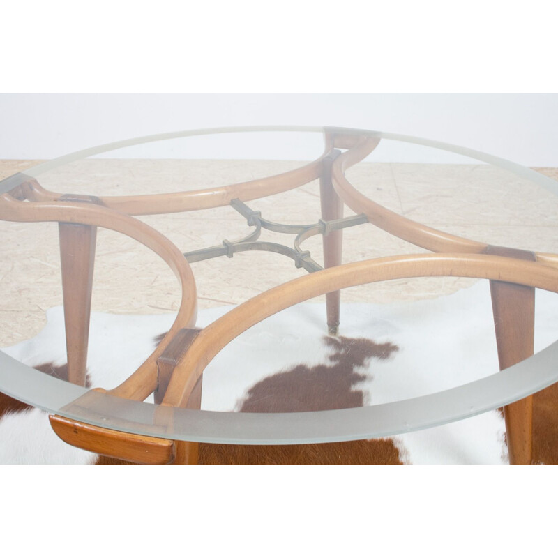 Vintage Round Coffee Table in Glass and Oak by William Watting for Fristho 1955