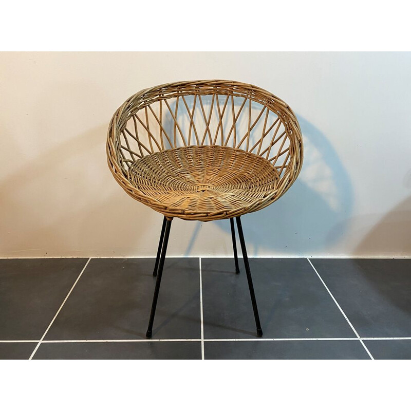 Vintage rattan basket chair with metal legs 1950 