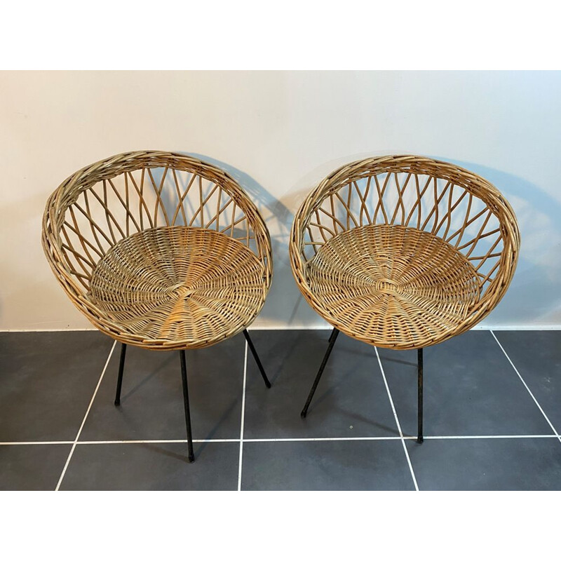 Vintage rattan basket chair with metal legs 1950 