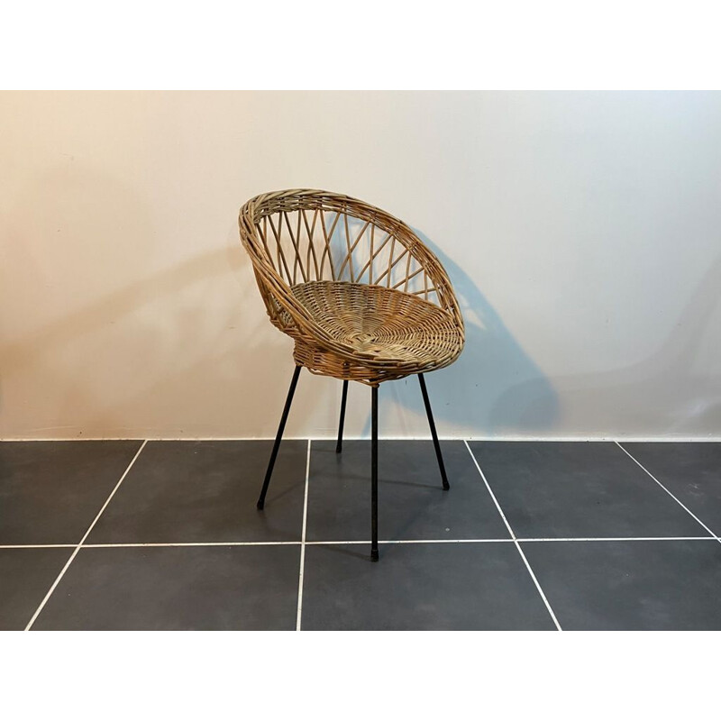 Vintage rattan basket chair with metal legs 1950 