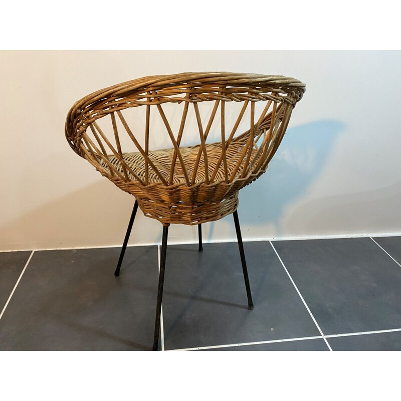 Vintage rattan basket chair with metal legs 1950 