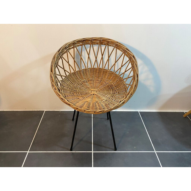 Vintage rattan basket chair with metal legs 1950 